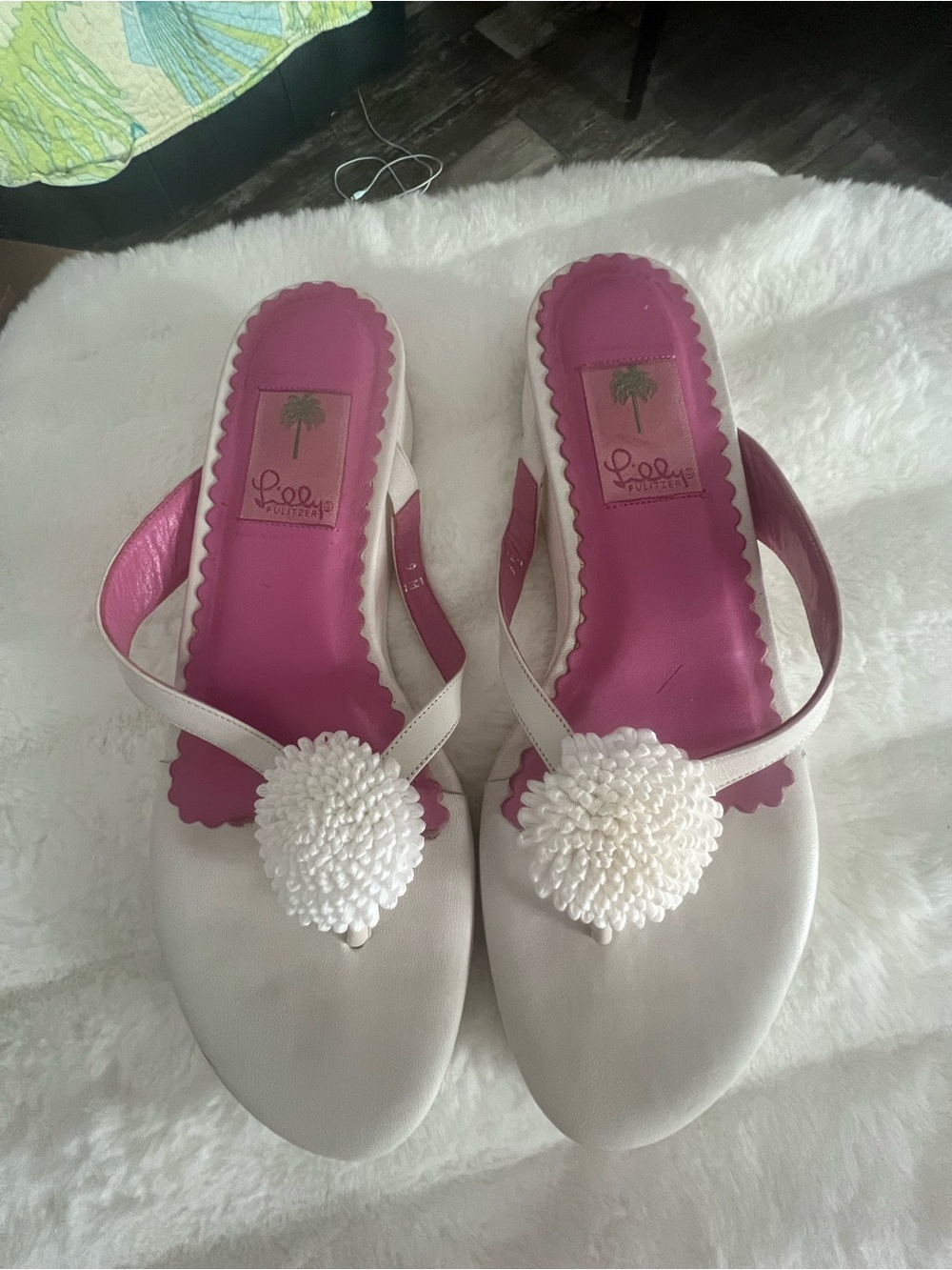Lilly Pulitzer White Pom-Pom Slip-On Mules with Pink Insole